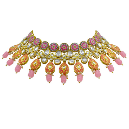 Sujwel Gold Plated Kundan Floral Design Choker Necklace Set (08-0459)