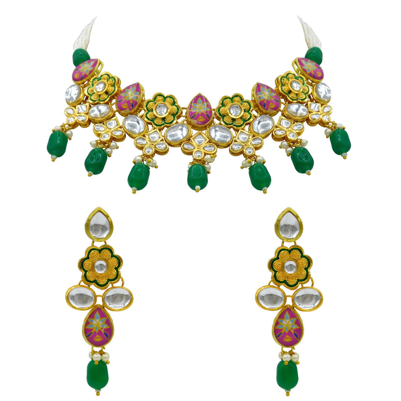 Sujwel Gold Plated Kundan Floral Design Choker Necklace Set (08-0482)