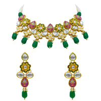 Thumbnail for Sujwel Gold Plated Kundan Floral Design Choker Necklace Set (08-0482)