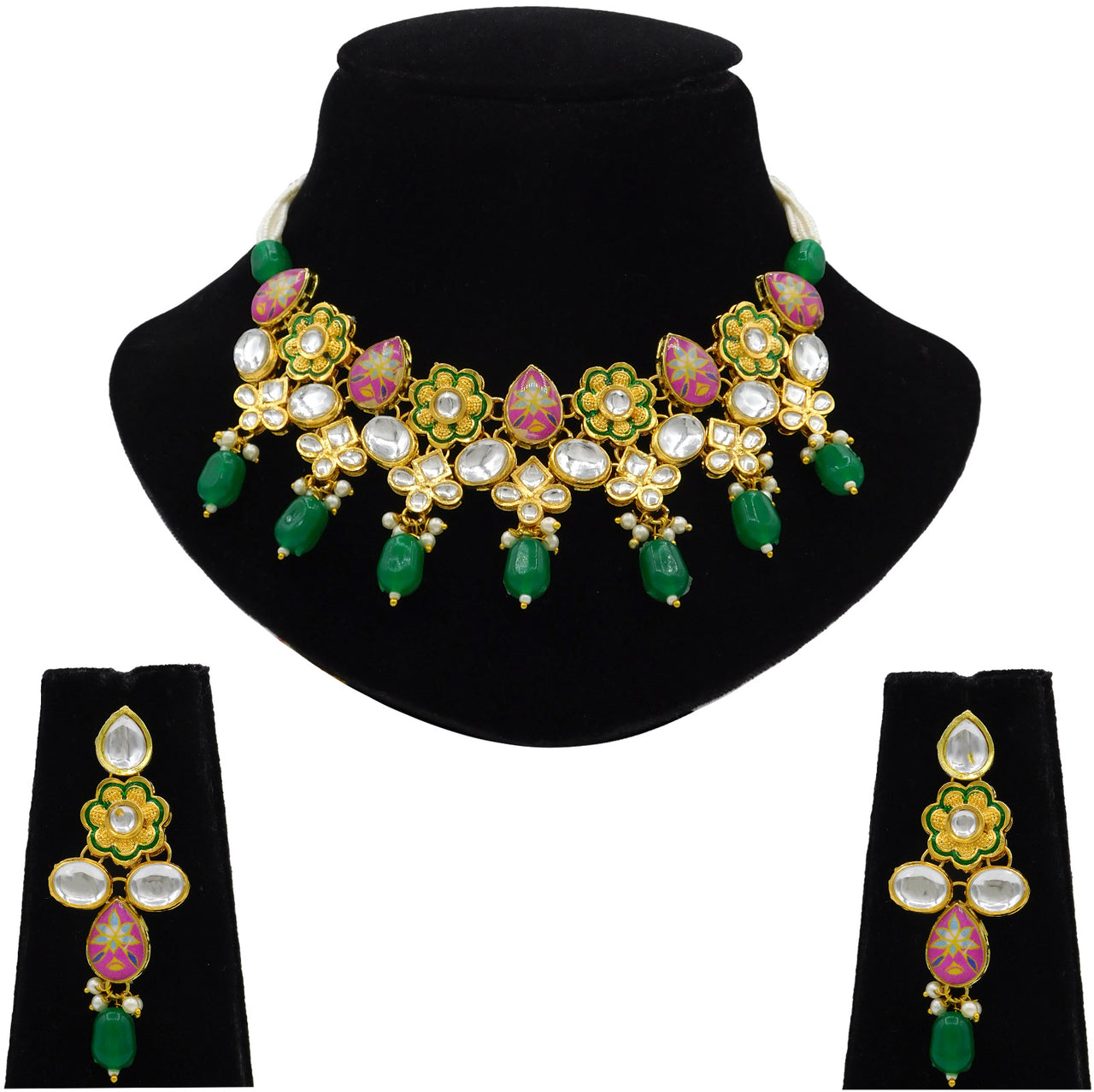 Sujwel Gold Plated Kundan Floral Design Choker Necklace Set (08-0482)