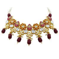 Thumbnail for Sujwel Gold Plated Kundan Floral Design Choker Necklace Set (08-0482)