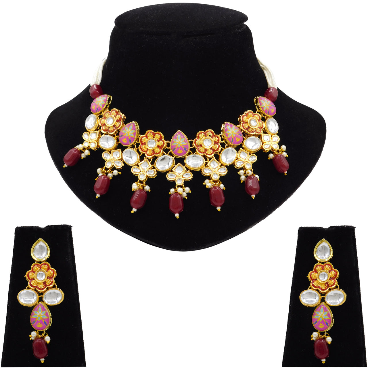 Sujwel Gold Plated Kundan Floral Design Choker Necklace Set (08-0482)