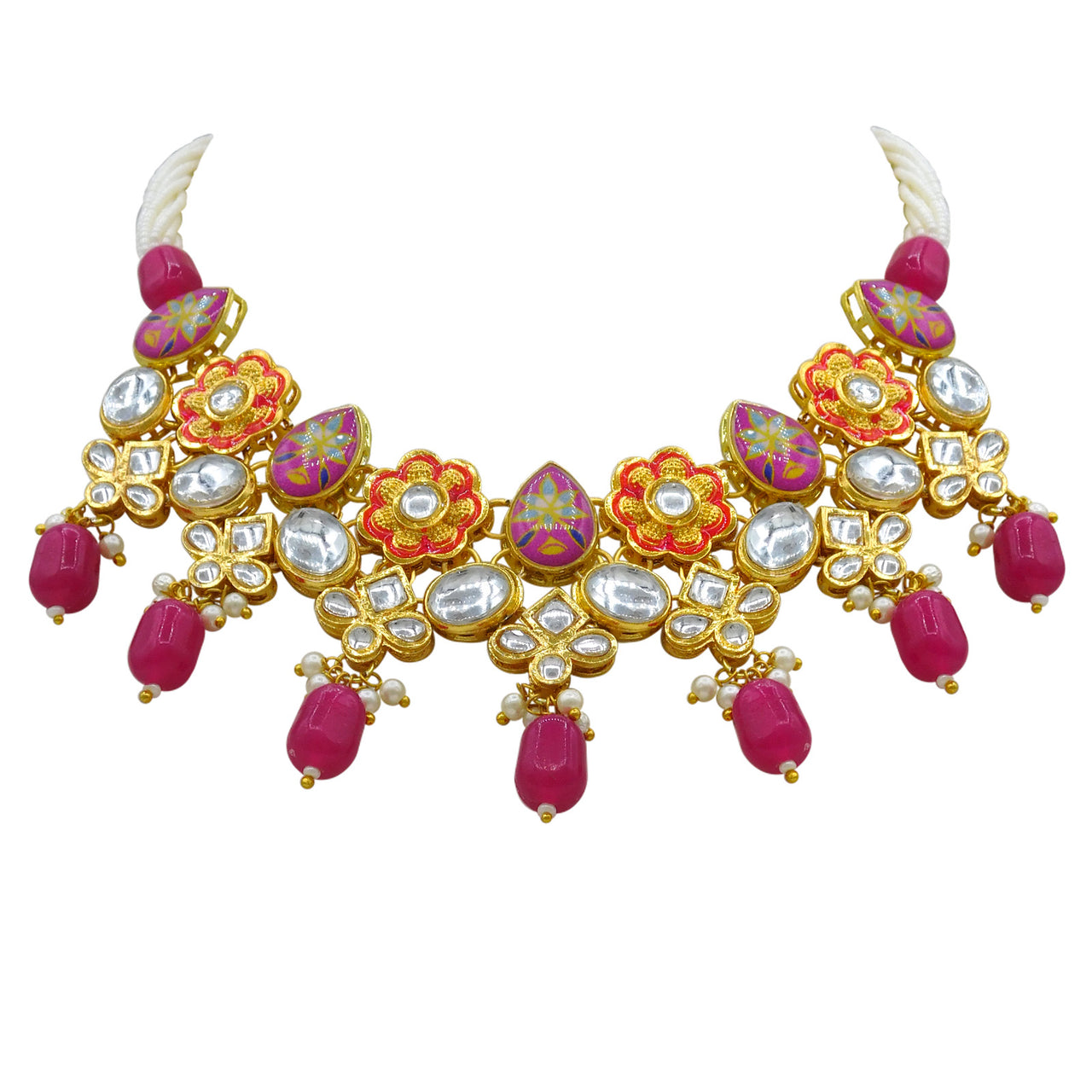 Sujwel Gold Plated Kundan Floral Design Choker Necklace Set (08-0482)