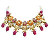 Thumbnail for Sujwel Gold Plated Kundan Floral Design Choker Necklace Set (08-0482)