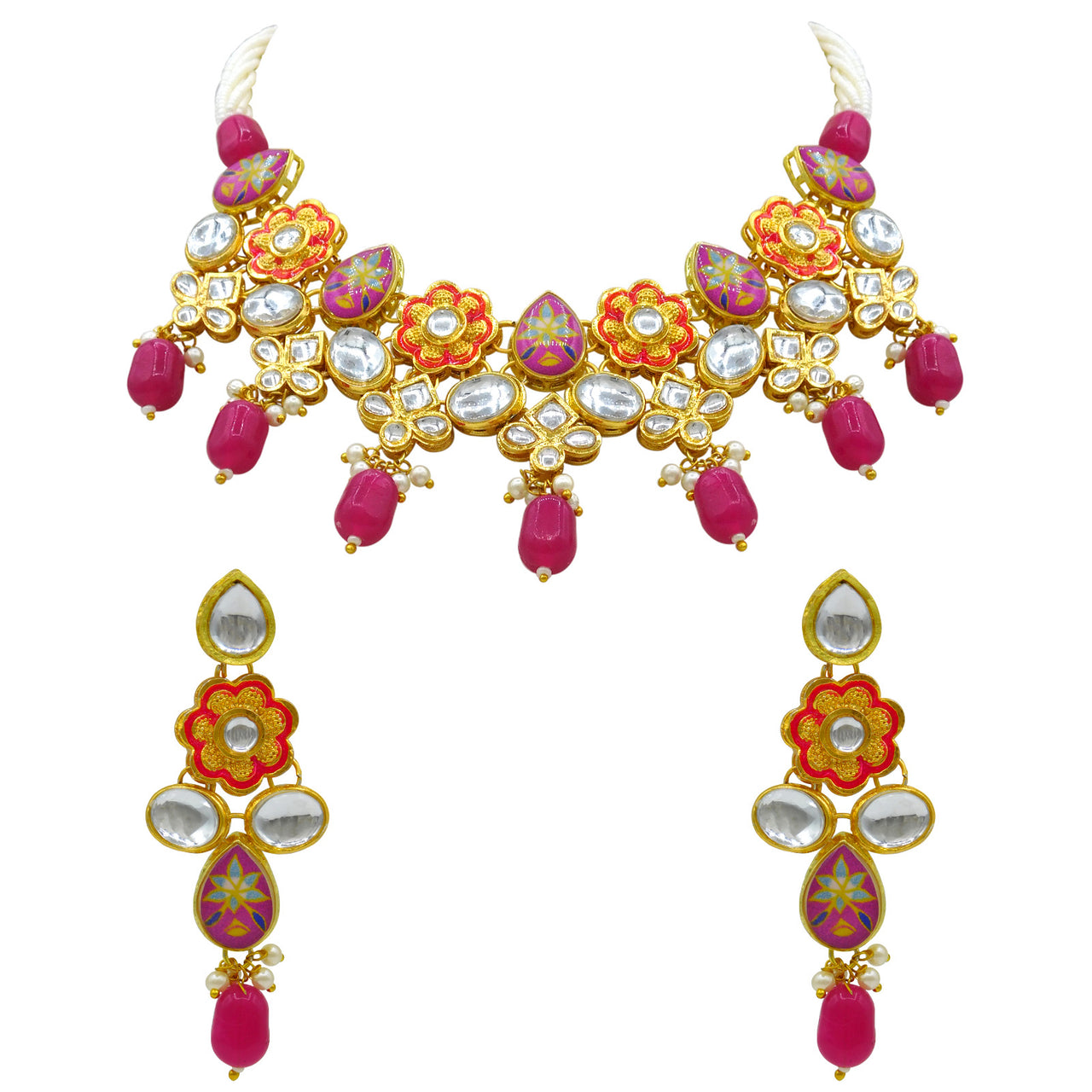 Sujwel Gold Plated Kundan Floral Design Choker Necklace Set (08-0482)