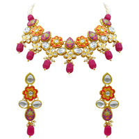 Thumbnail for Sujwel Gold Plated Kundan Floral Design Choker Necklace Set (08-0482)