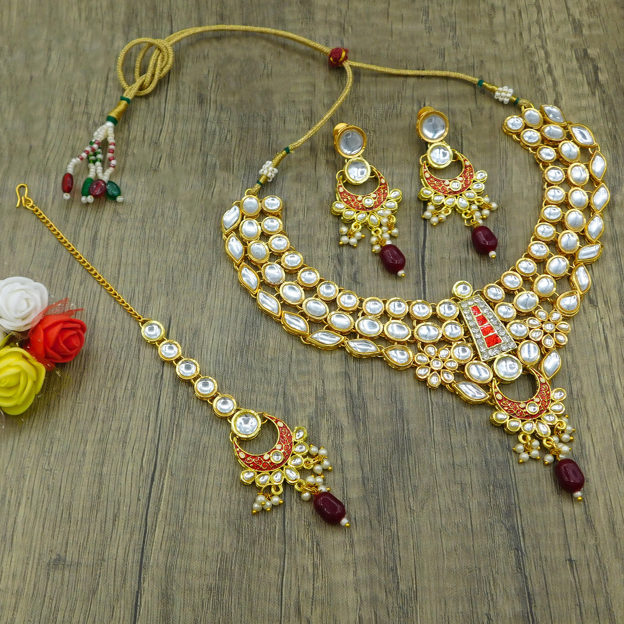 Sujwel Gold Kundan Mina Jewellery Set (08-0483)