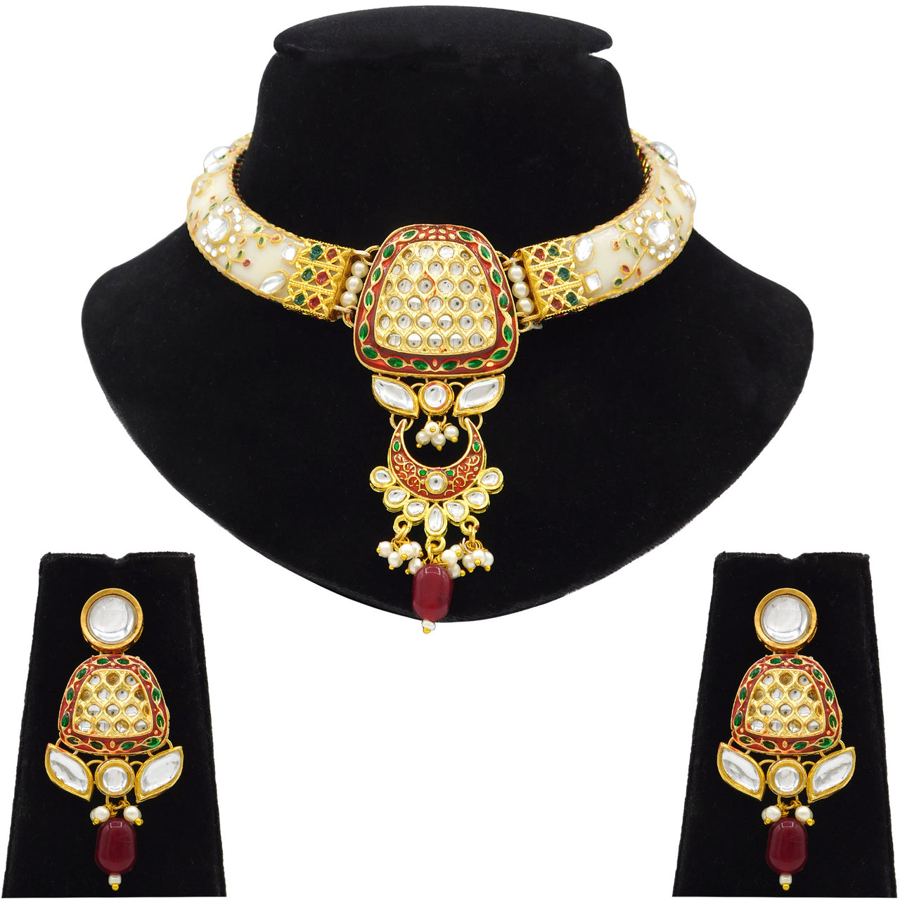 Sujwel Imitation Hathi Dant Gold Necklace Set (08-0473)