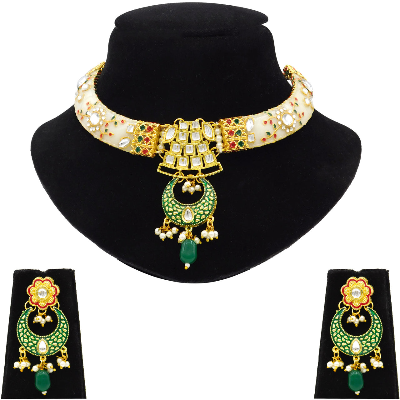 New Sujwel Hathi Dant Gold Necklace Set (08-0475)