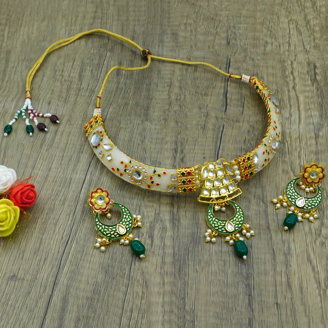 New Sujwel Hathi Dant Gold Necklace Set (08-0475)