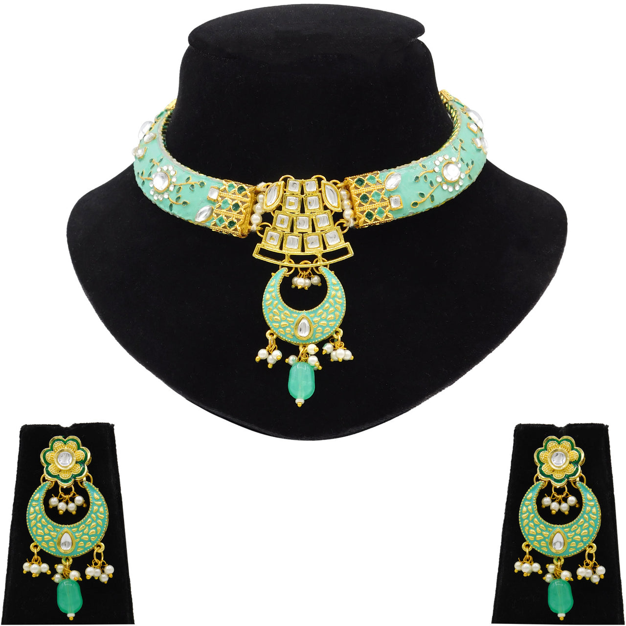 New Sujwel Hathi Dant Gold Necklace Set (08-0475)