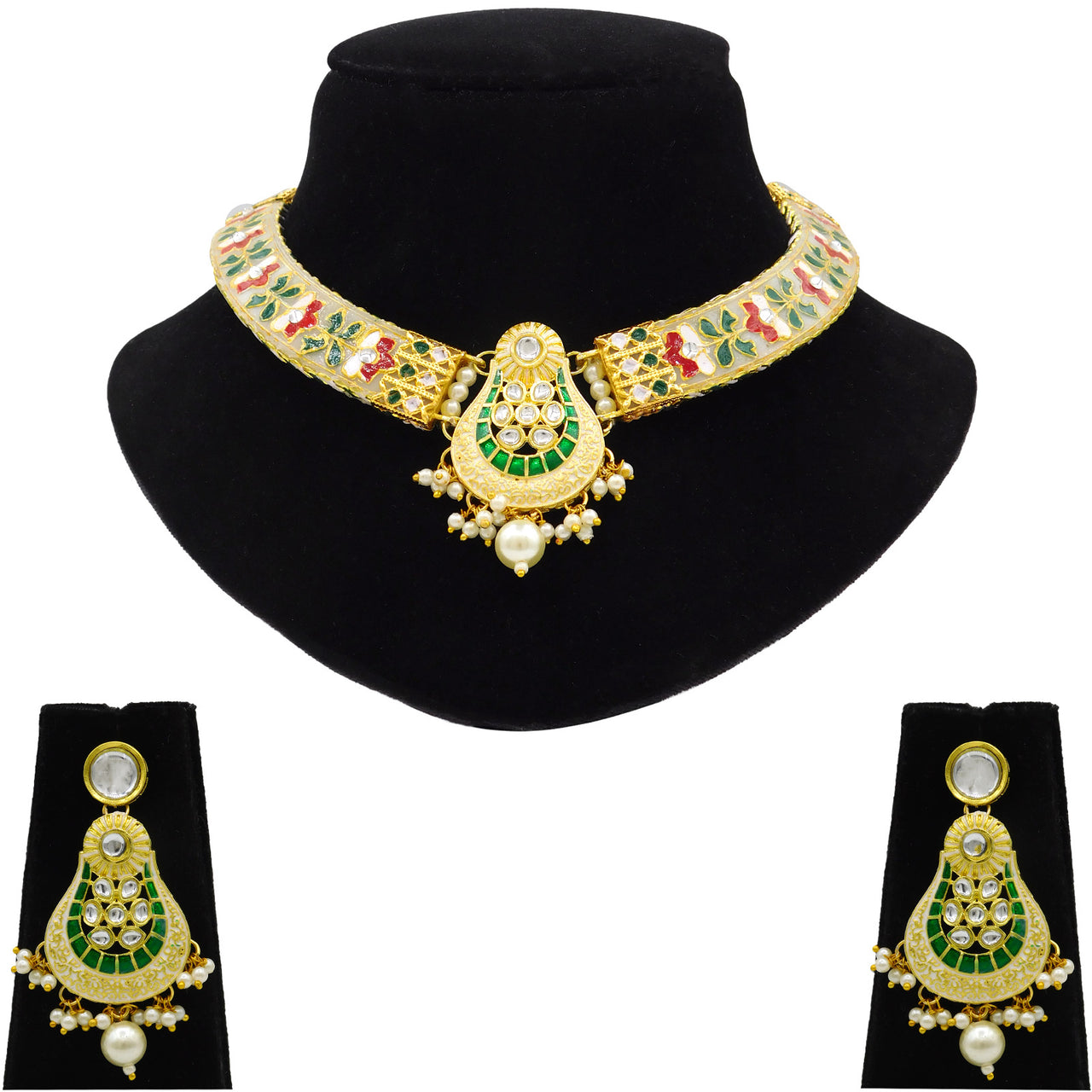 New Sujwel Hathi Dant Gold Necklace Set (08-0472)