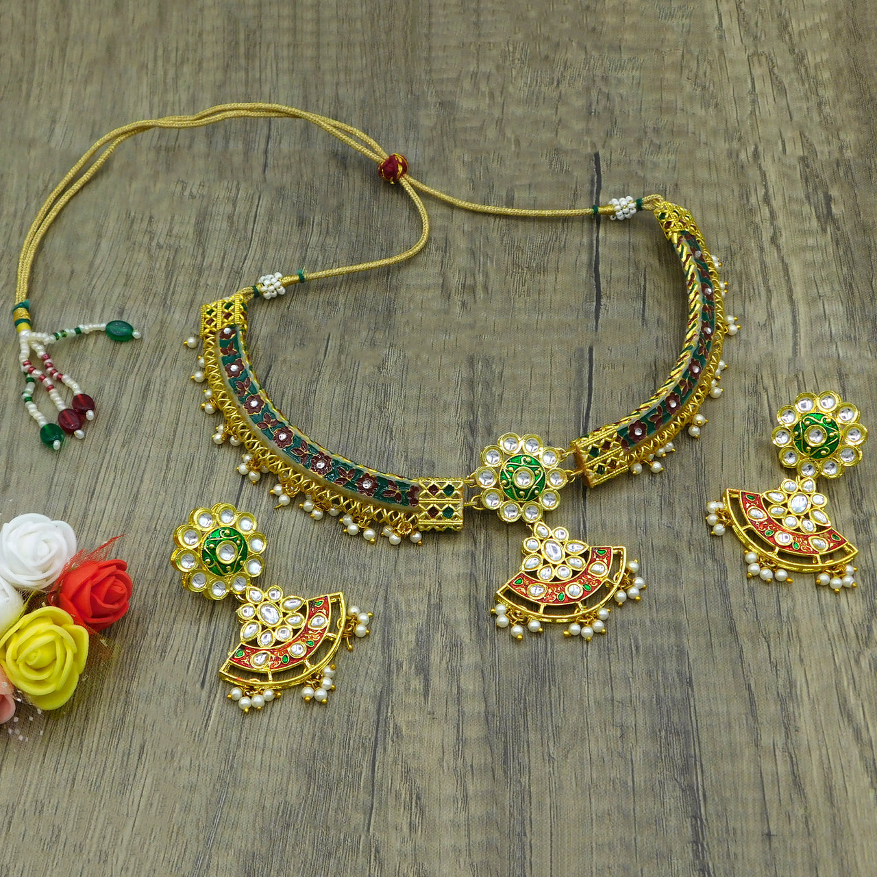 New Sujwel Hathi Dant Gold Necklace Set (08-0477)