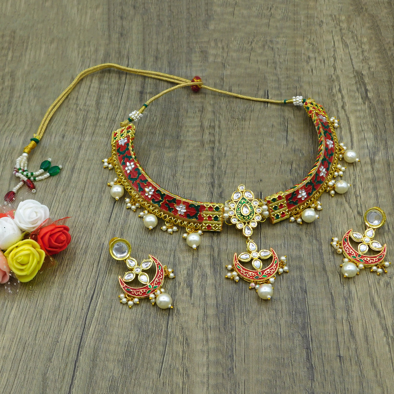 New Sujwel Hathi Dant Gold Necklace Set (08-0476)