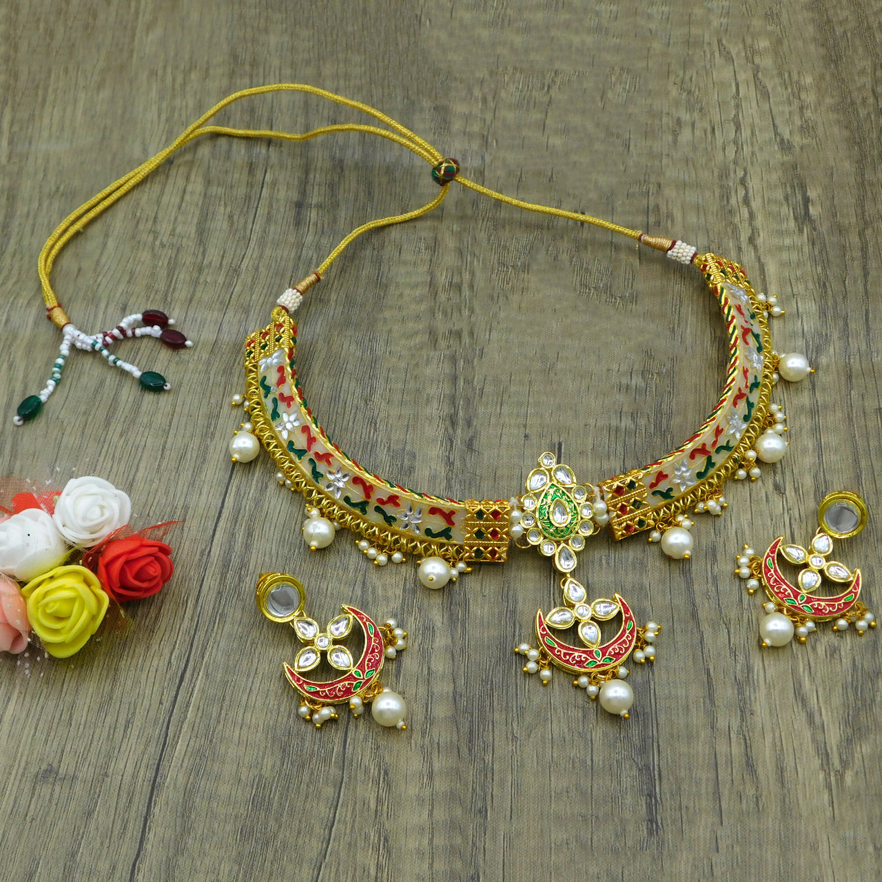 New Sujwel Hathi Dant Gold Necklace Set (08-0476)