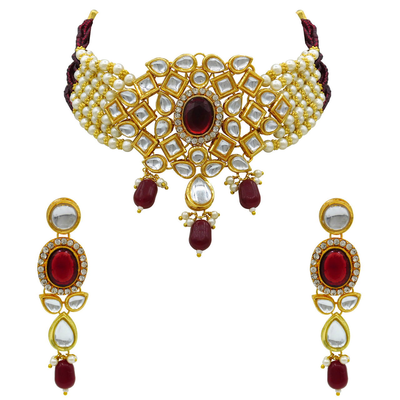 Sujwel Gold Kundan crystal Jewellery Set (08-0480)