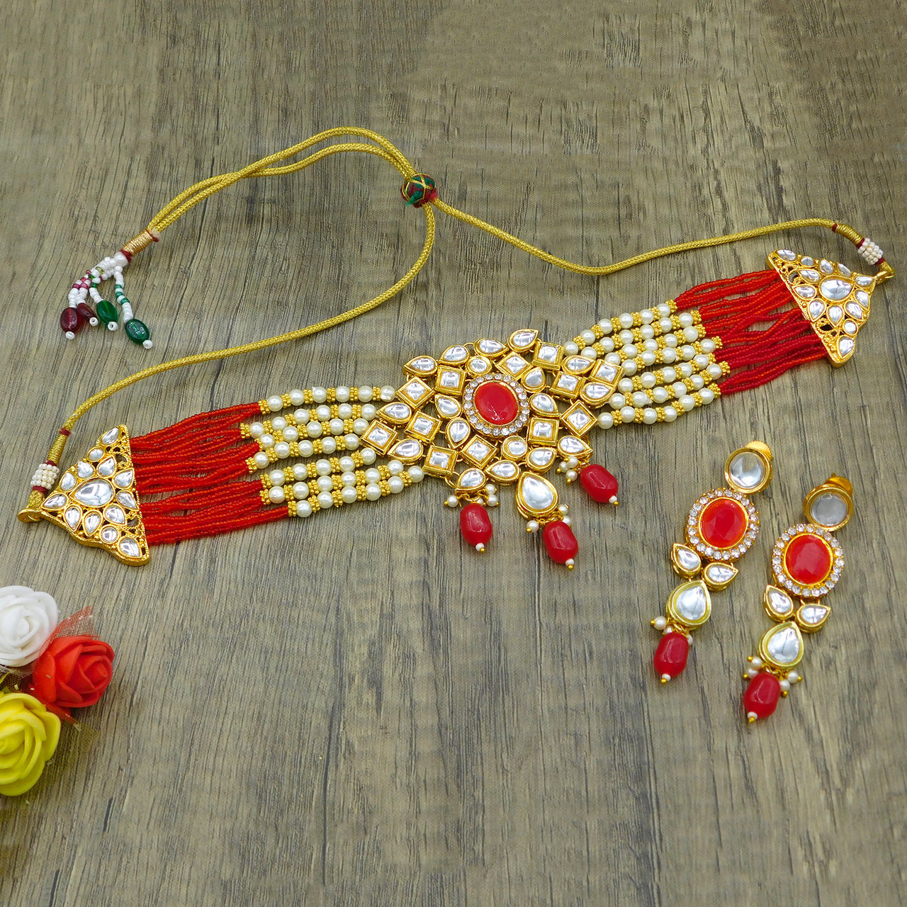 Sujwel Gold Kundan crystal Jewellery Set (08-0480)