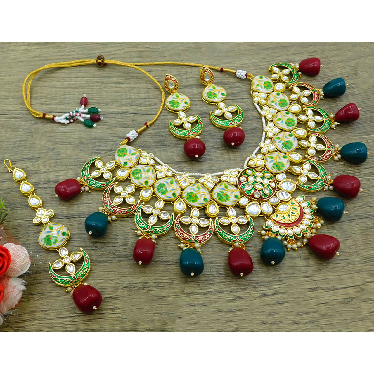 Sujwel Gold Plated Kundan Floral Design Choker Necklace For Women (08-0439)