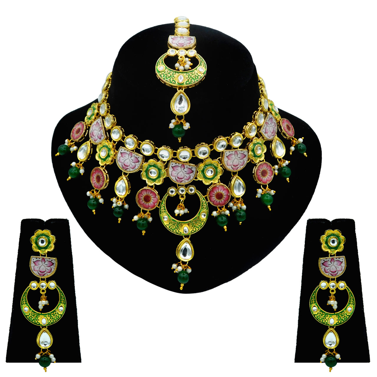 Sujwel Gold Plated Kundan Floral Design Choker Necklace Set (08-0228) - Sujwel