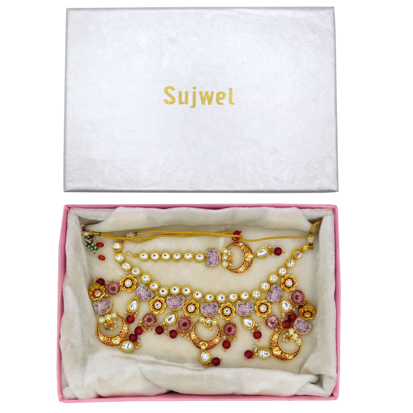 Sujwel Gold Plated Kundan Floral Design Choker Necklace Set (08-0228) - Sujwel