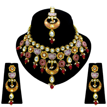 Sujwel Gold Plated Kundan Floral Design Choker Necklace Set (08-0228) - Sujwel