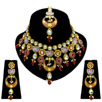 Thumbnail for Sujwel Gold Plated Kundan Floral Design Choker Necklace Set (08-0228) - Sujwel