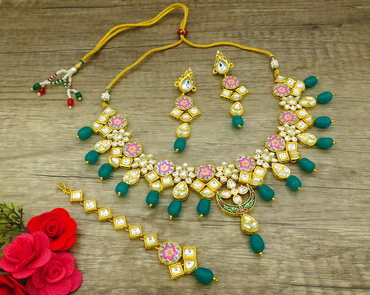 Sujwel Kundan and Painting with Floral Design Chokar Necklace Set (08-0282) - Sujwel