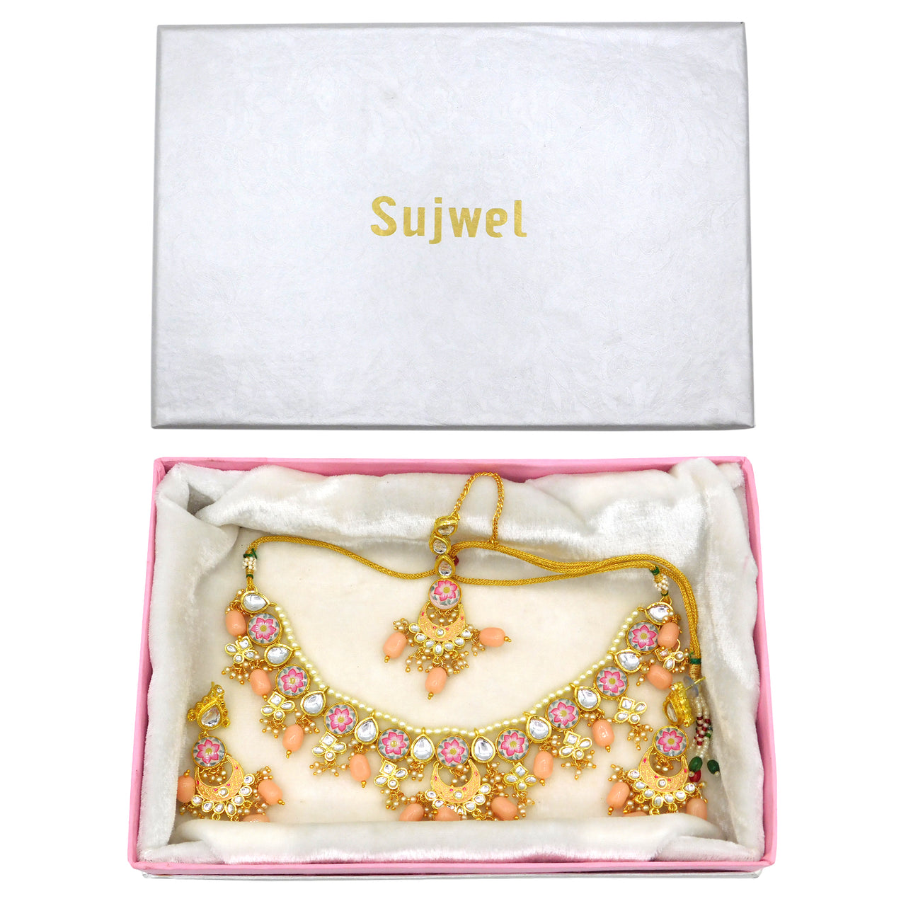 Sujwel Kundan and Meenakari with Floral Design Chokar Necklace Set (08-0285) - Sujwel