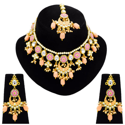 Sujwel Kundan and Meenakari with Floral Design Chokar Necklace Set (08-0285) - Sujwel