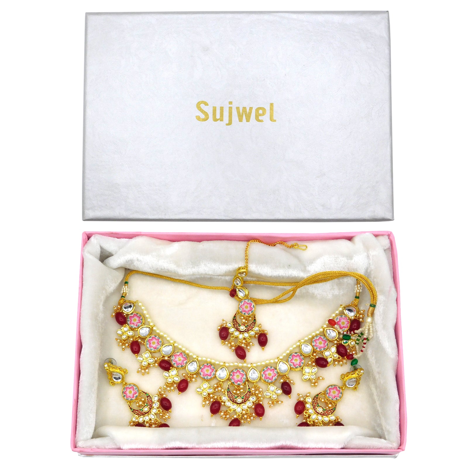 Sujwel Kundan and Meenakari with Floral Design Chokar Necklace Set (08-0285) - Sujwel