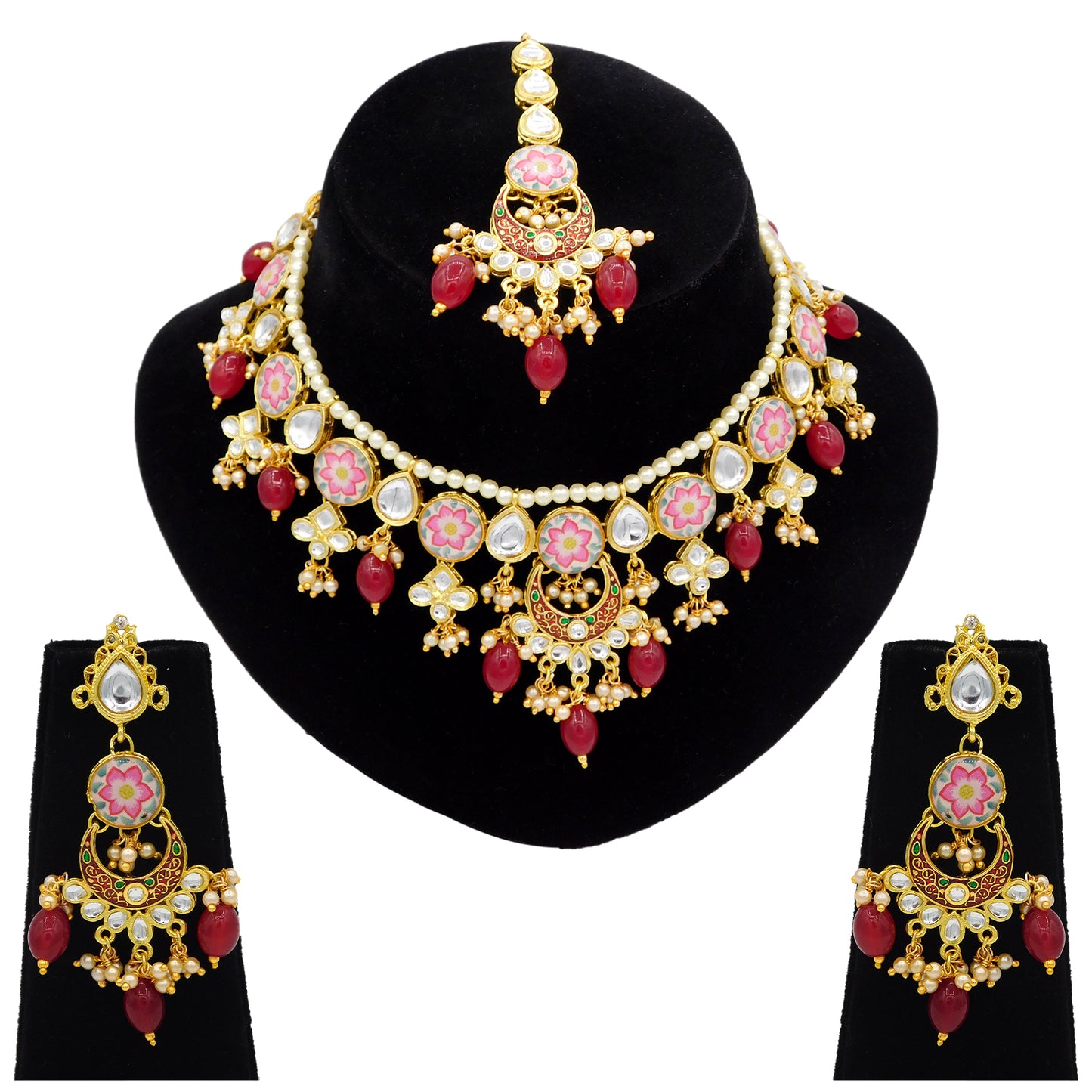 Sujwel Kundan and Meenakari with Floral Design Chokar Necklace Set (08-0285) - Sujwel