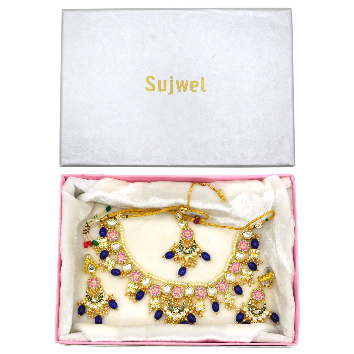 Sujwel Kundan and Meenakari with Floral Design Chokar Necklace Set (08-0285) - Sujwel