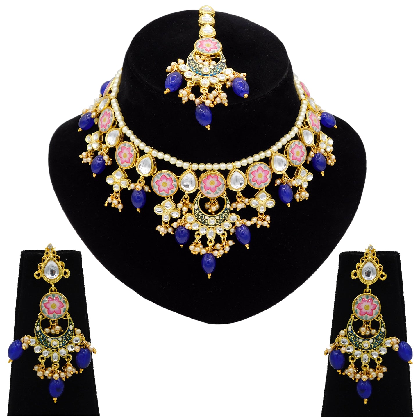 Sujwel Kundan and Meenakari with Floral Design Chokar Necklace Set (08-0285) - Sujwel