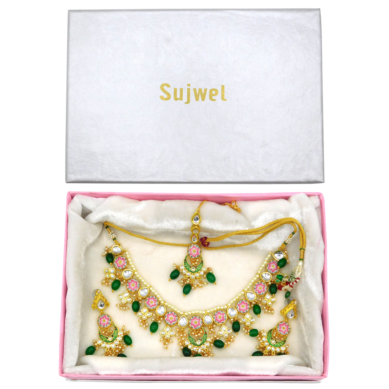 Sujwel Kundan and Meenakari with Floral Design Chokar Necklace Set (08-0285) - Sujwel