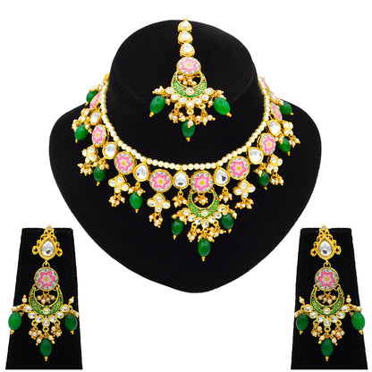 Sujwel Kundan and Meenakari with Floral Design Chokar Necklace Set (08-0285) - Sujwel