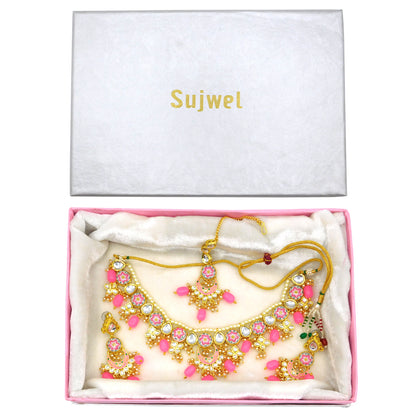 Sujwel Kundan and Meenakari with Floral Design Chokar Necklace Set (08-0285) - Sujwel