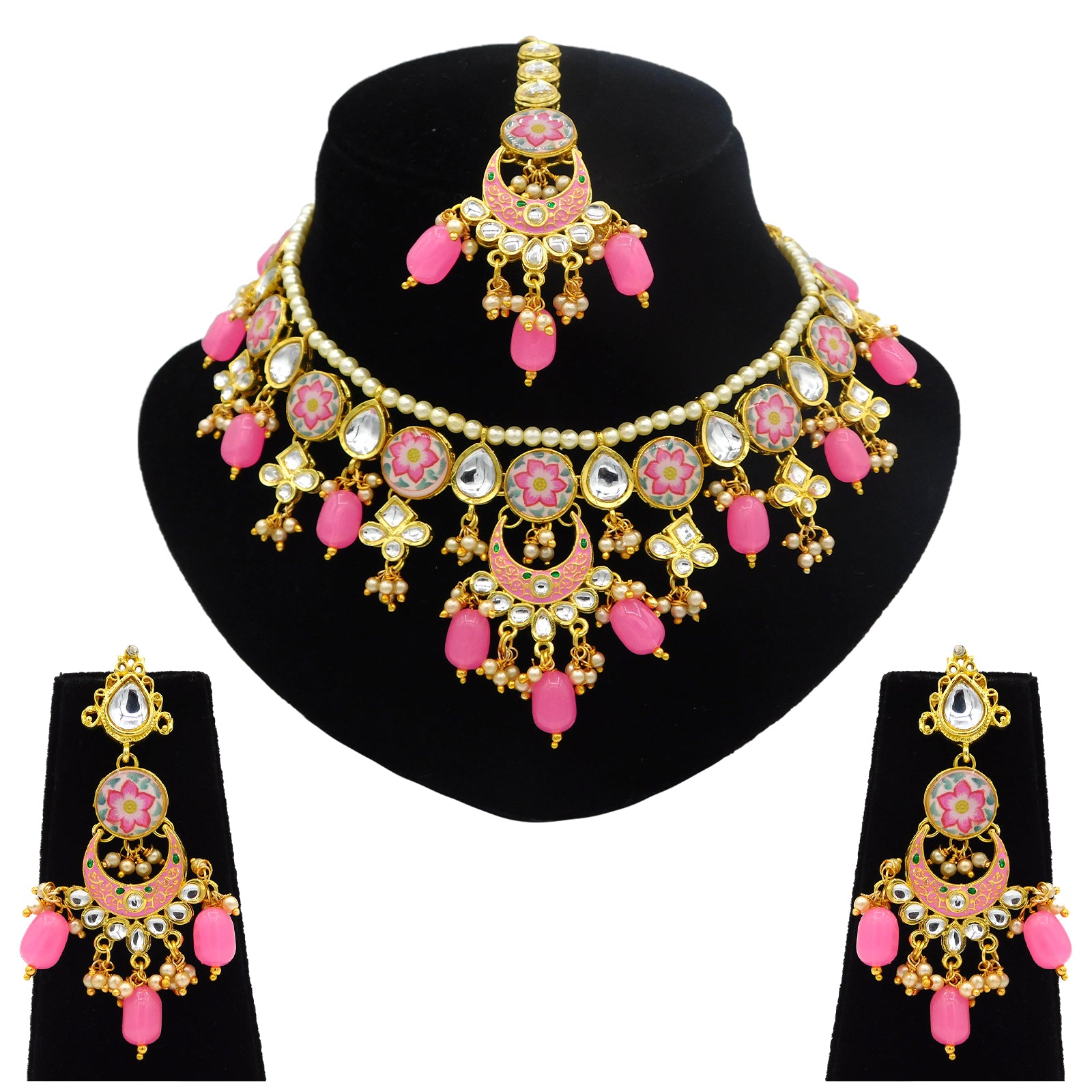 Sujwel Kundan and Meenakari with Floral Design Chokar Necklace Set (08-0285) - Sujwel