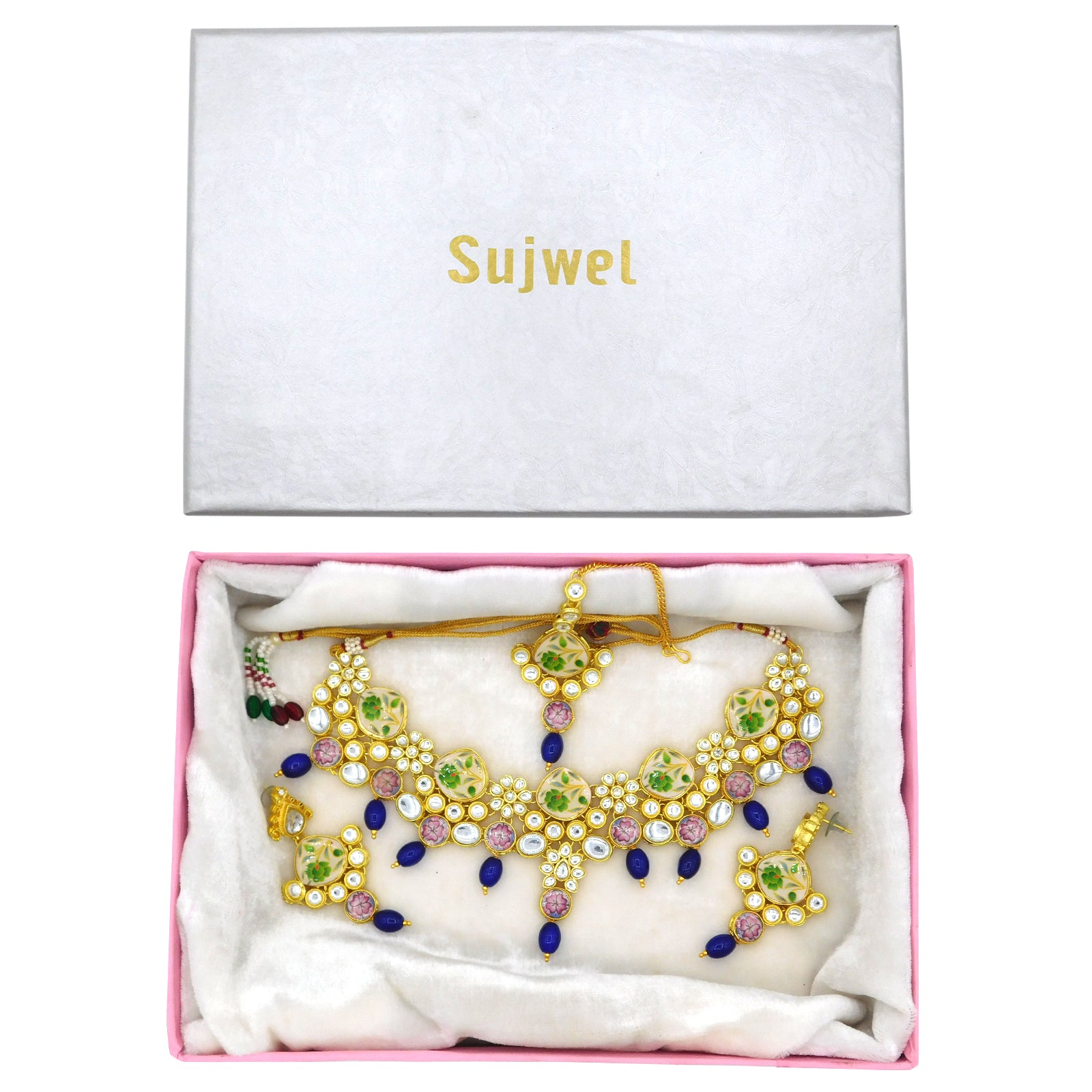 Sujwel Kundan and Painting with Floral Design Chokar Necklace Set (08-0292) - Sujwel