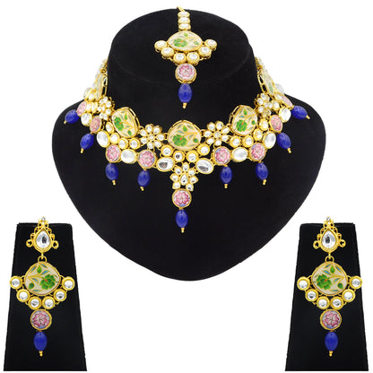 Sujwel Kundan and Painting with Floral Design Chokar Necklace Set (08-0292) - Sujwel