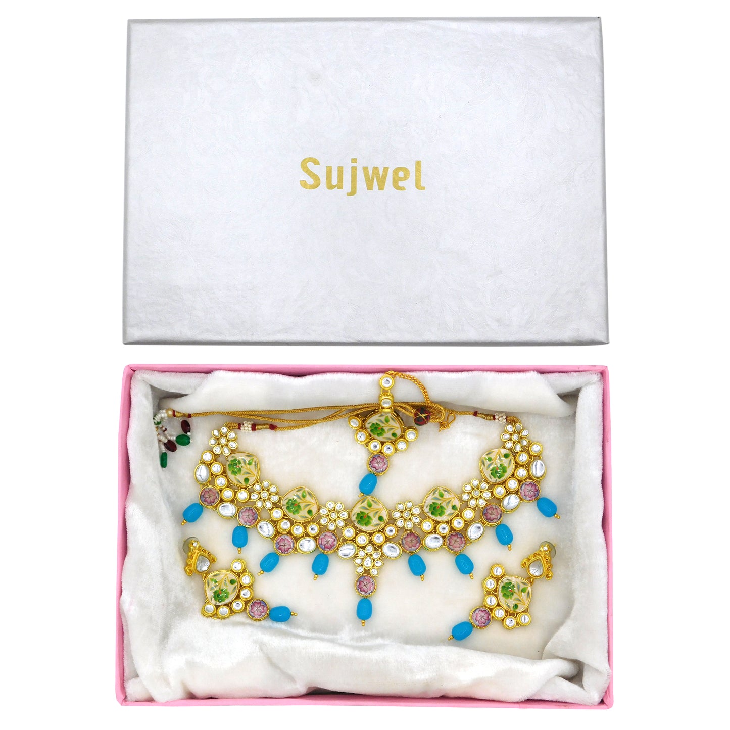 Sujwel Kundan and Painting with Floral Design Chokar Necklace Set (08-0292) - Sujwel