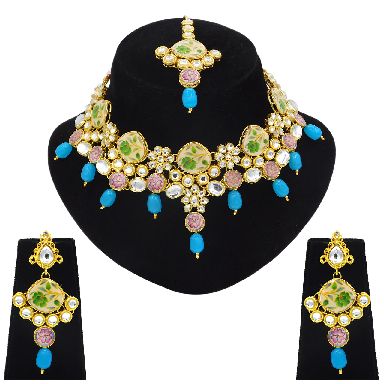 Sujwel Kundan and Painting with Floral Design Chokar Necklace Set (08-0292) - Sujwel