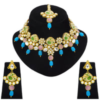 Thumbnail for Sujwel Kundan and Painting with Floral Design Chokar Necklace Set (08-0292) - Sujwel