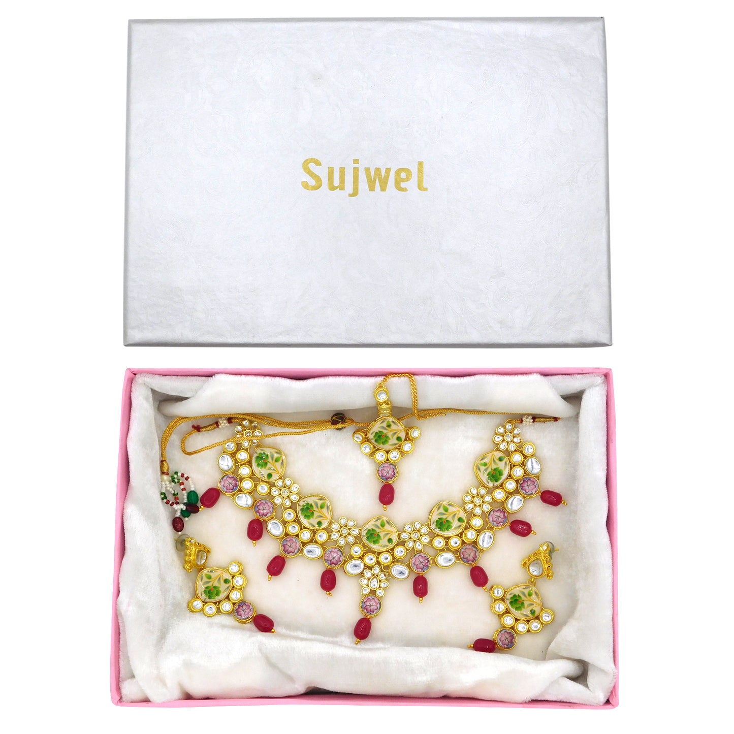 Sujwel Kundan and Painting with Floral Design Chokar Necklace Set (08-0292) - Sujwel