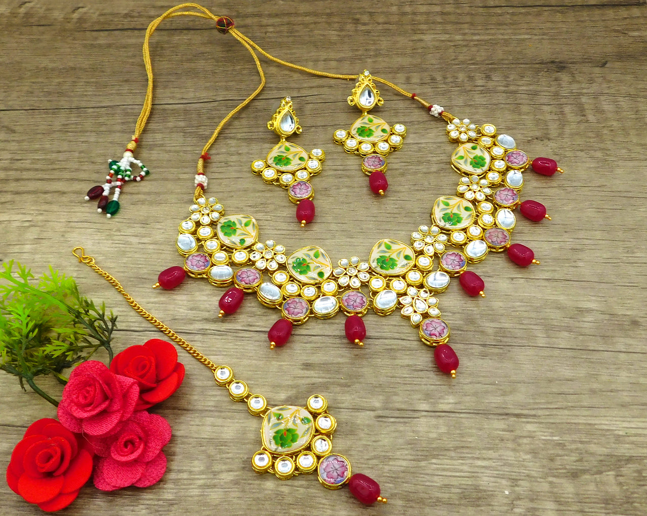 Sujwel Kundan and Painting with Floral Design Chokar Necklace Set (08-0292) - Sujwel