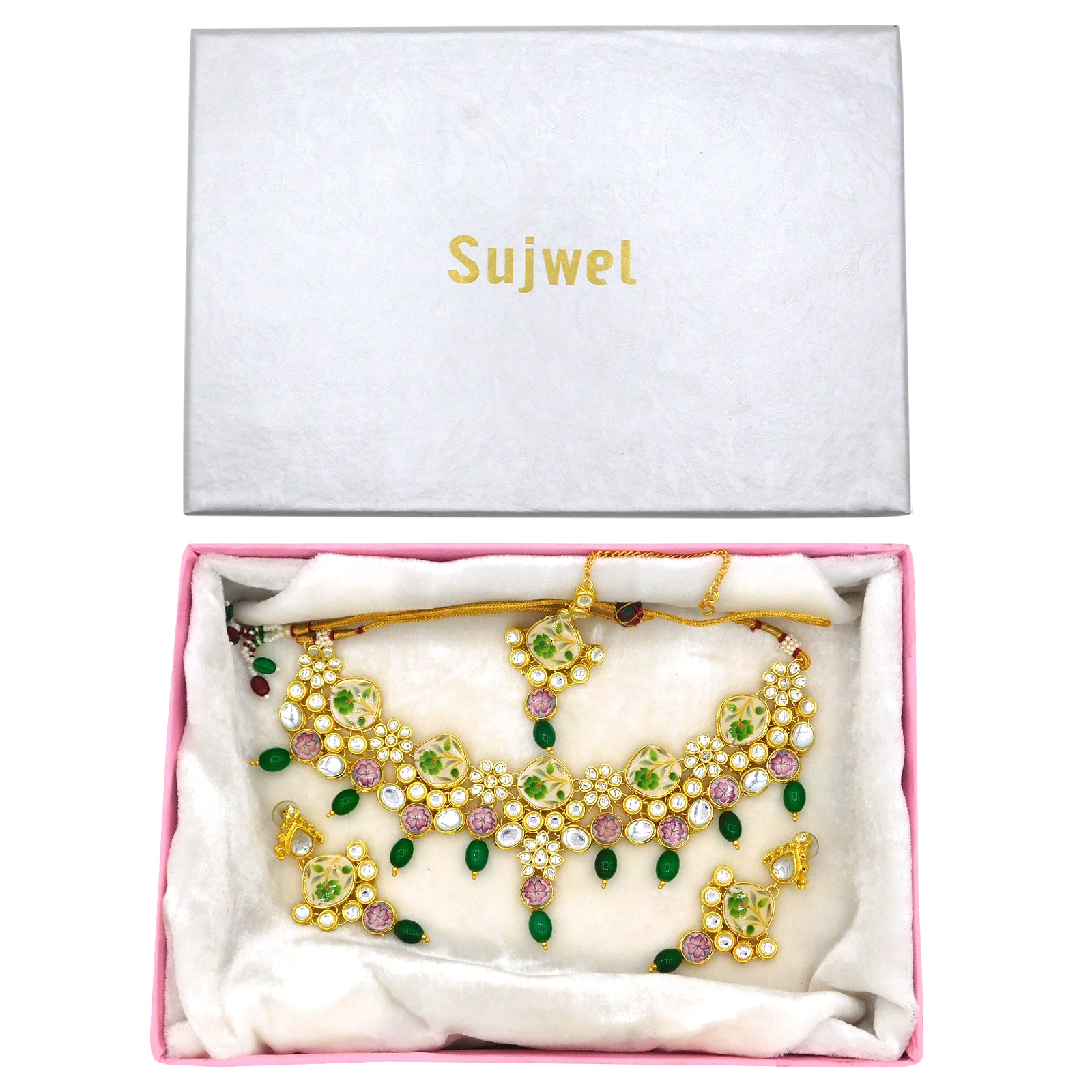 Sujwel Kundan and Painting with Floral Design Chokar Necklace Set (08-0292) - Sujwel