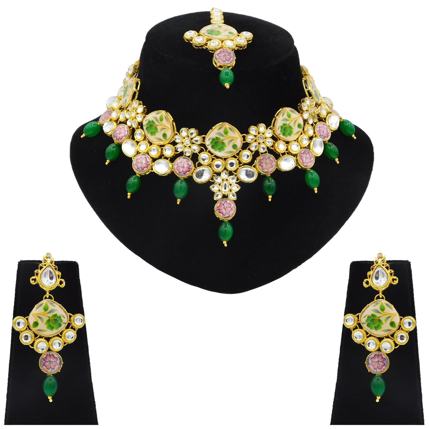 Sujwel Kundan and Painting with Floral Design Chokar Necklace Set (08-0292) - Sujwel