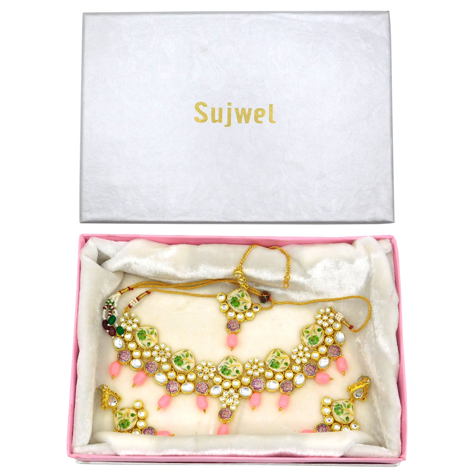 Sujwel Kundan and Painting with Floral Design Chokar Necklace Set (08-0292) - Sujwel