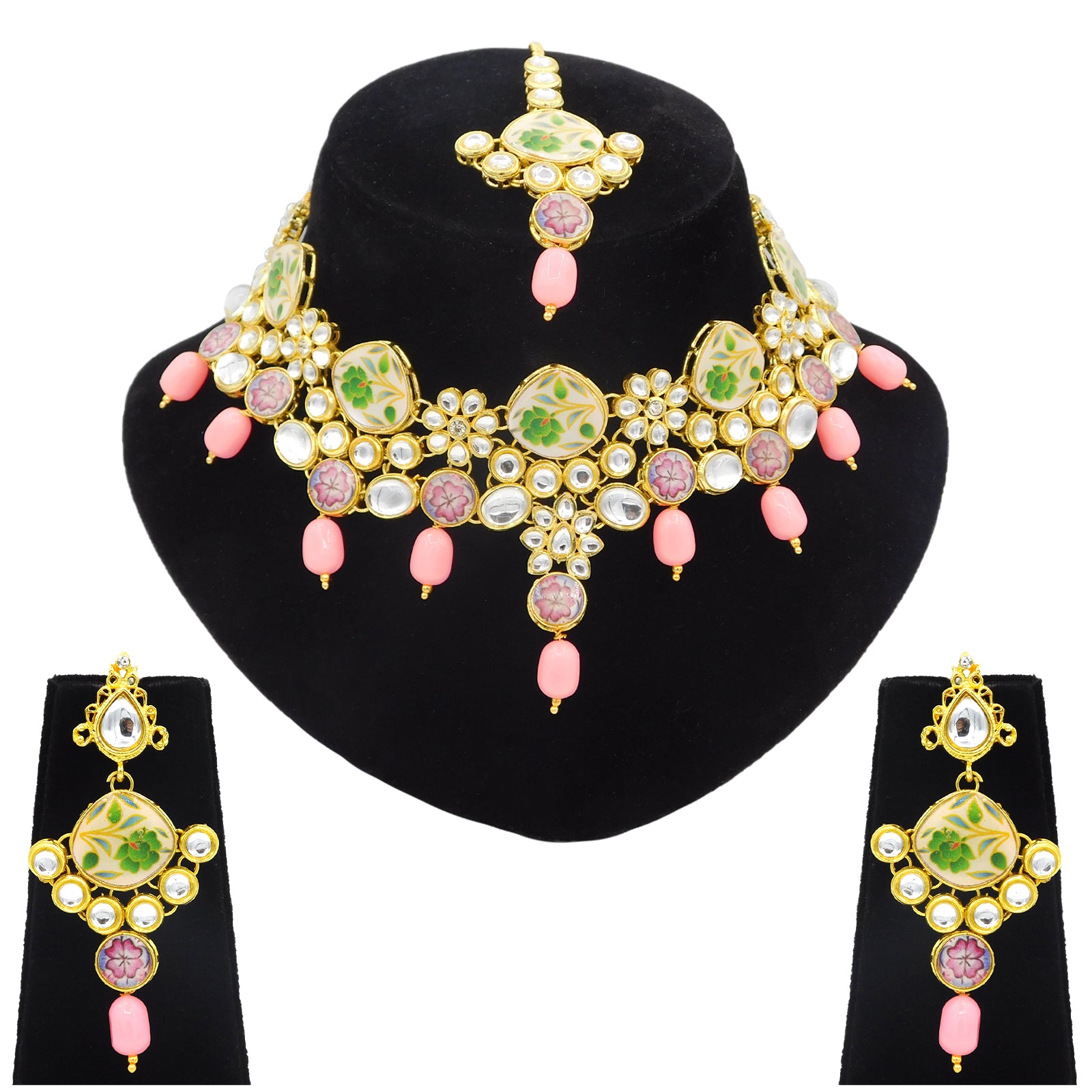 Sujwel Kundan and Painting with Floral Design Chokar Necklace Set (08-0292) - Sujwel