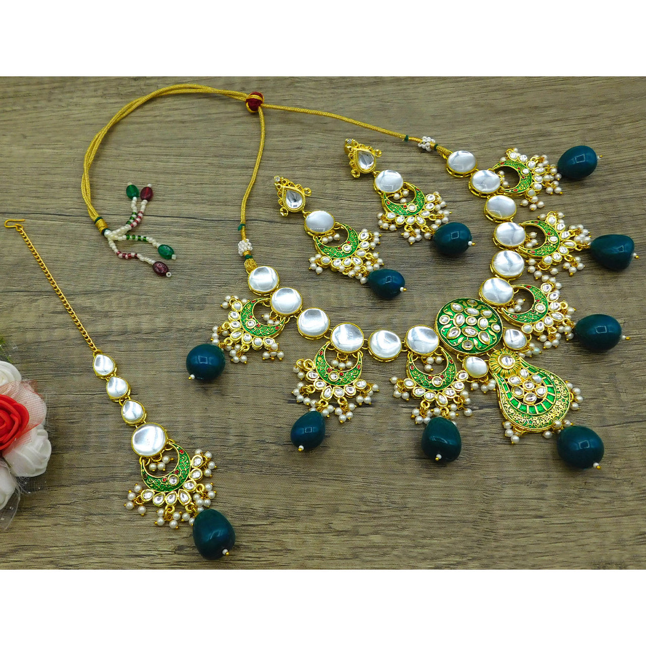 Sujwel Gold Toned Kundan Lamination Floral Design Necklace Set (08-0456)