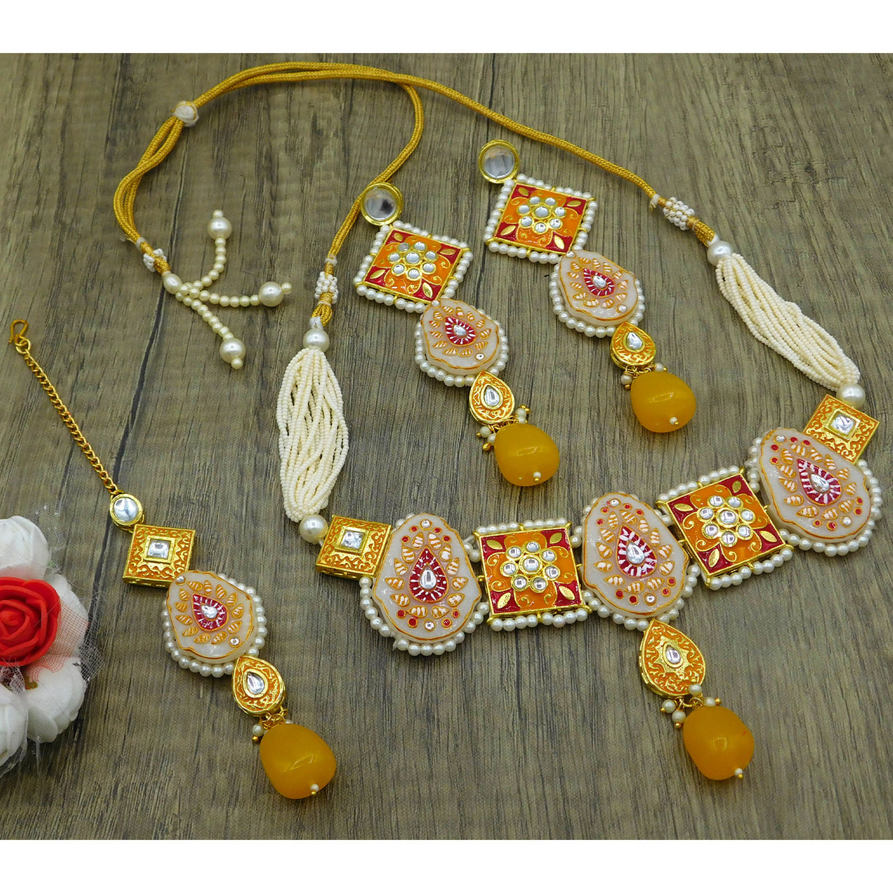 Sujwel Gold Plated Kundan Meenakari Choker Necklace Set for woman (08-0451)